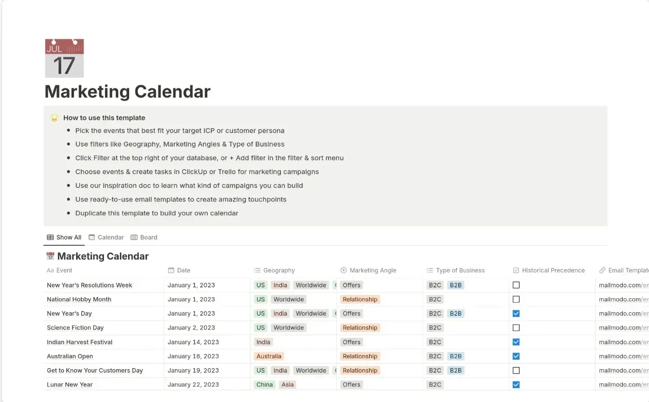 Screencap of Mailmodo’s marketing calendar on Notion.