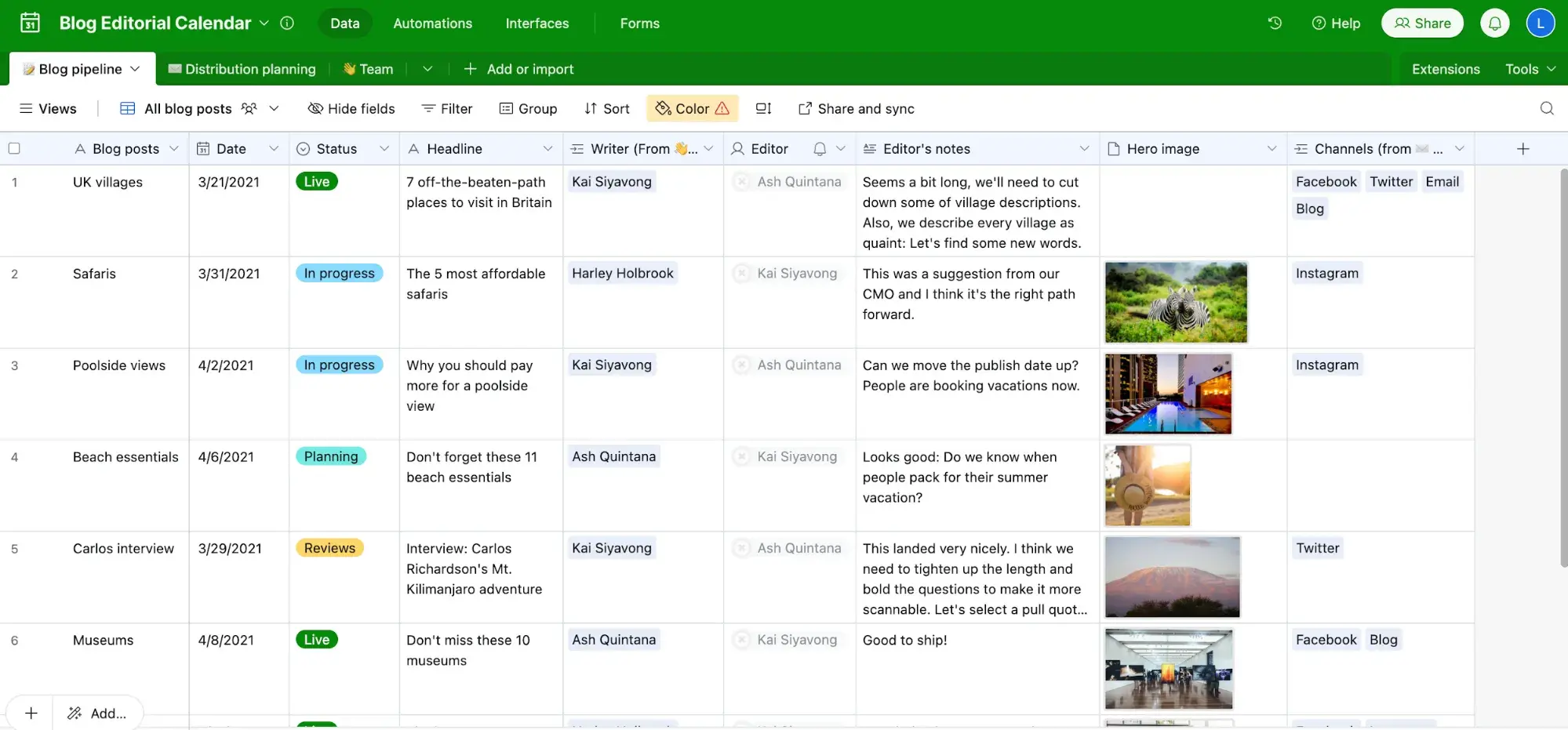 Screencap of AirTable editorial calendar template.