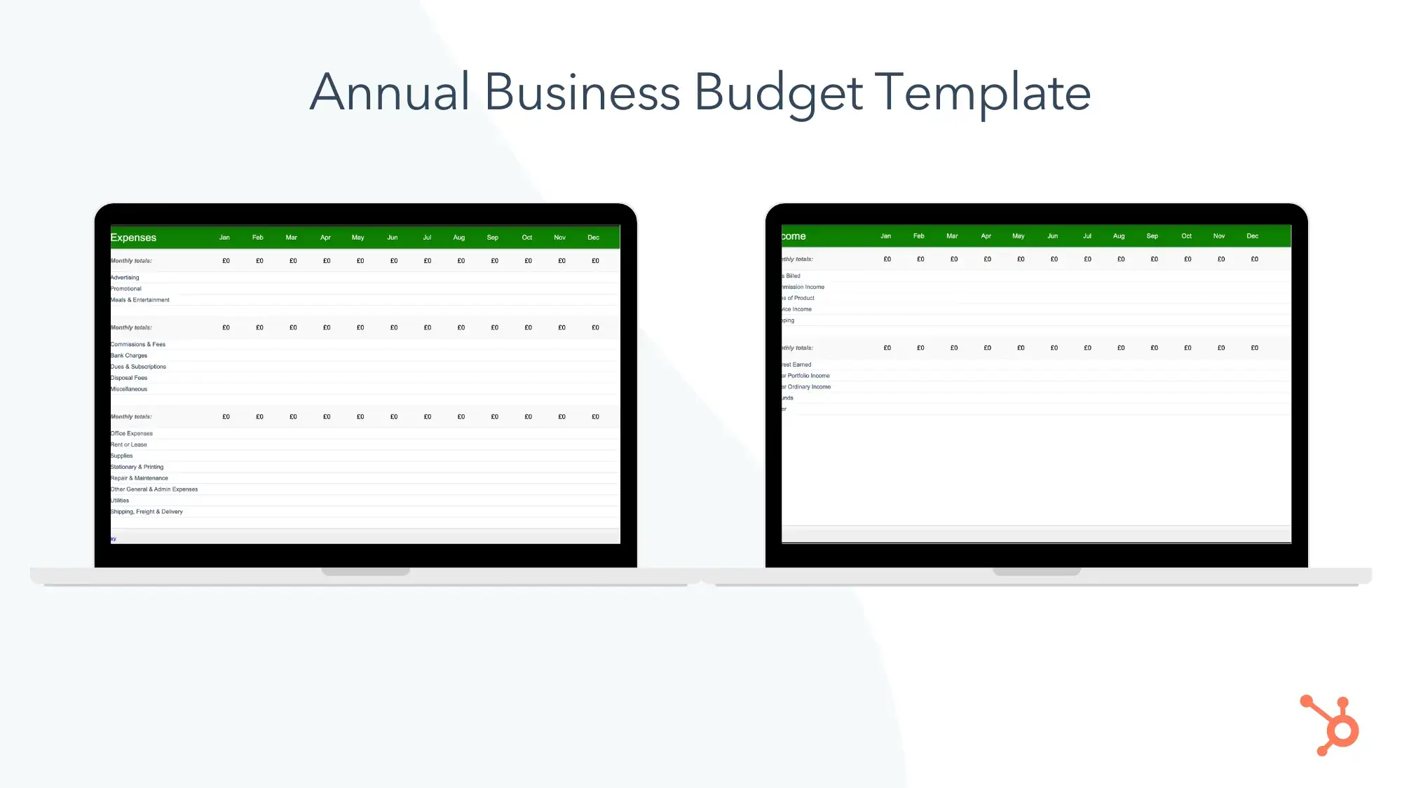 screencaps of annual business budget template.