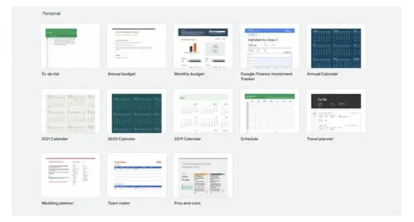 screencap of personal template gallery in google sheets.