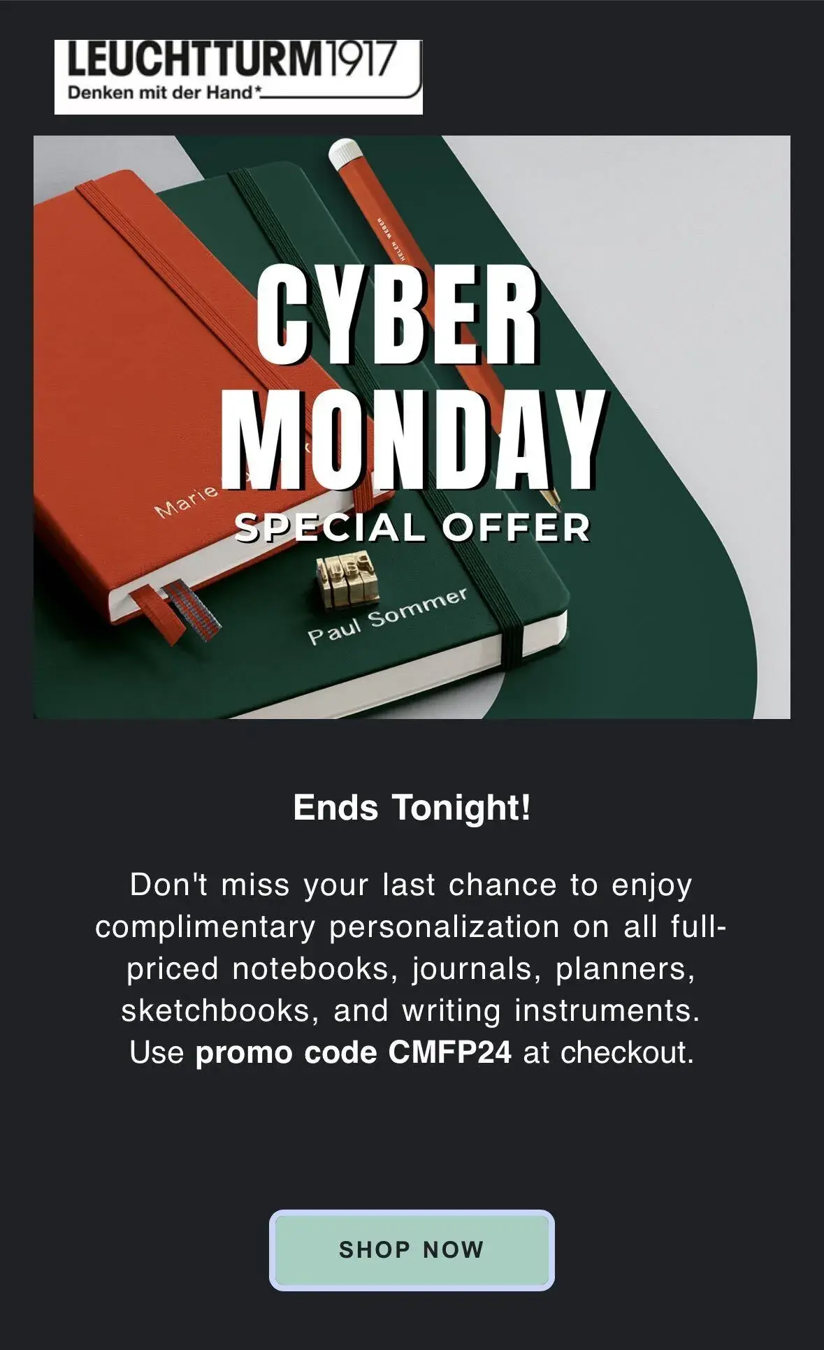 Screencap of a Cyber Monday email from Leuchtturm1917 offering free personalization.