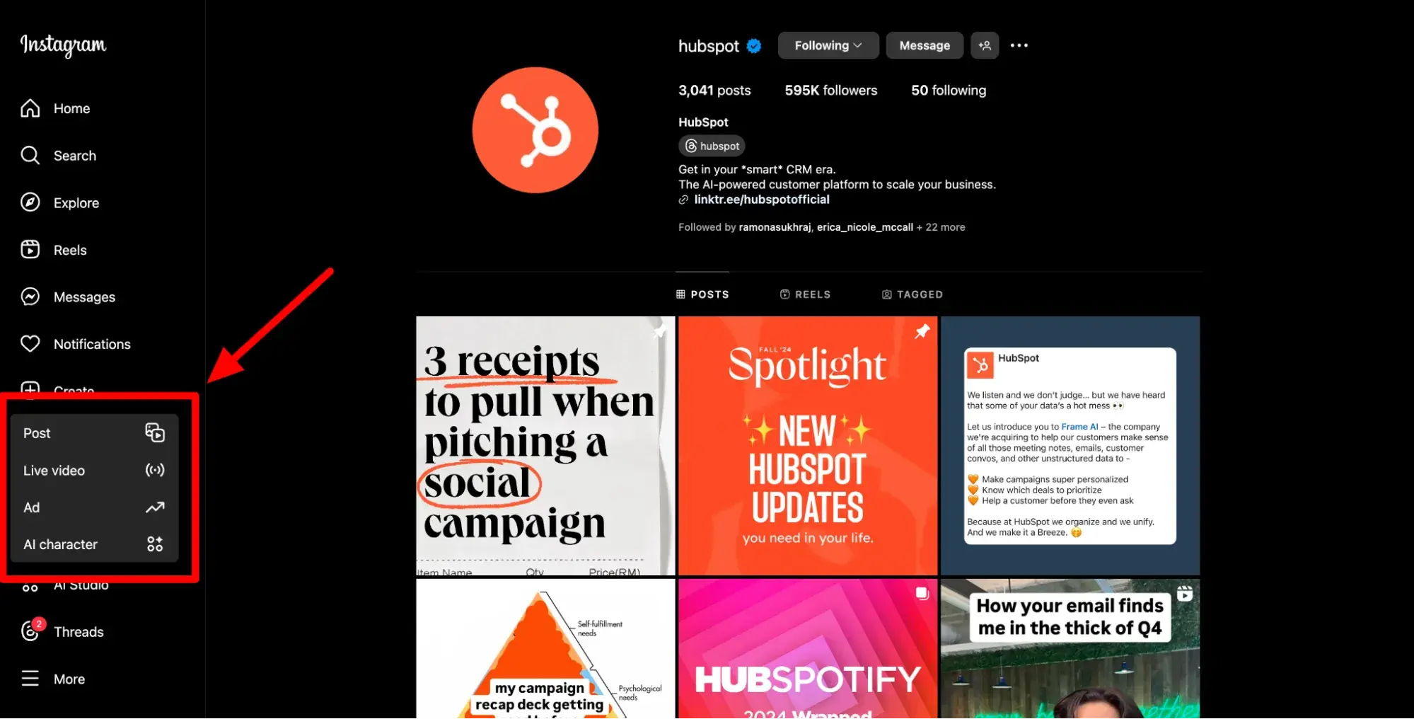 screenshot showing hubspot’s instagram account on a web browser on desktop and highlighting the create options.