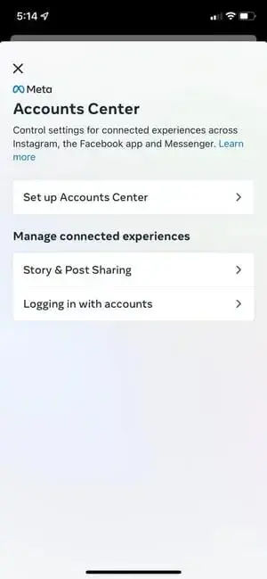 screenshot showing how to meta accounts section of instagram app.