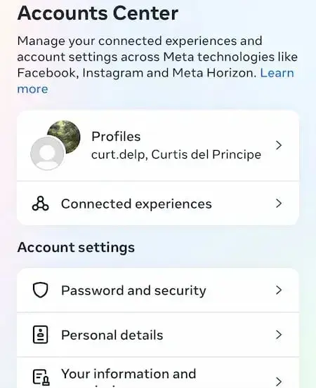 screenshot showing how to connect instagram to other social media accounts.