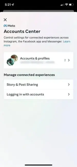 screenshot showing how to meta accounts section of instagram app.