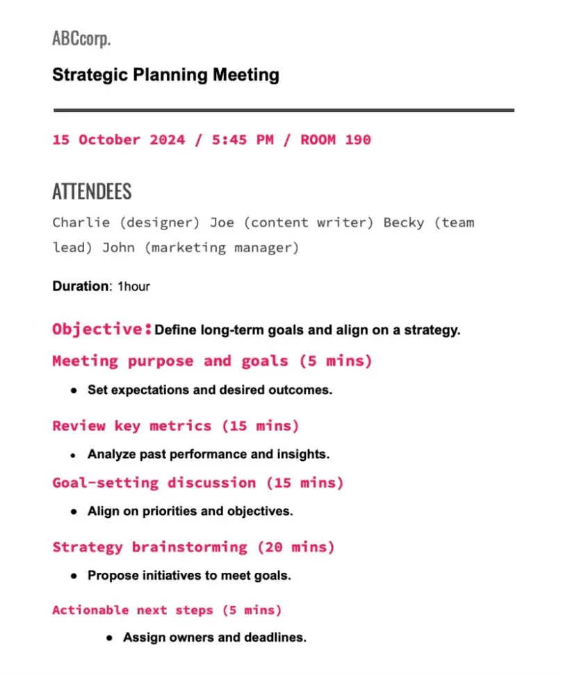 meeting agenda examples, strategic planning meeting agenda example