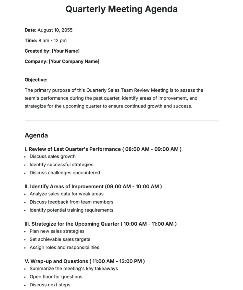 meeting agenda examples, quarterly review meeting agenda template