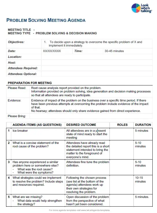 meeting agenda examples, problem-solving meeting agenda template