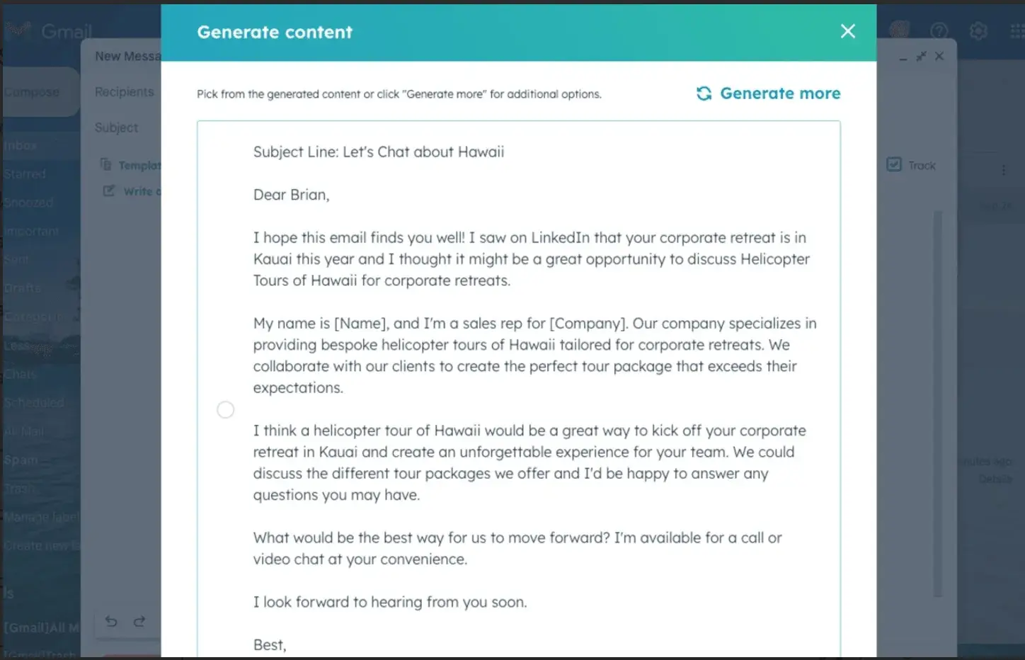 ai chatbots: screenshot of hubspot’s breeze ai chatbot drafting a sales outreach email.