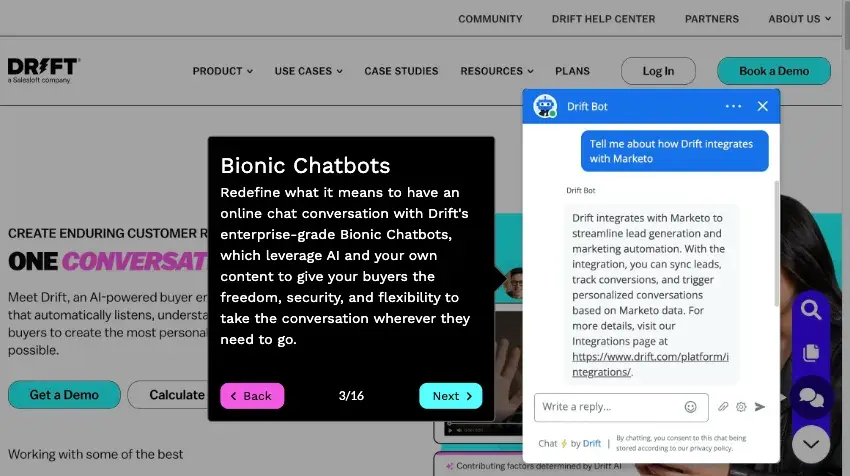 ai chatbots: screenshot of drift's bionic chatbots feature and chatbot interaction explaining drift's integration with marketo.