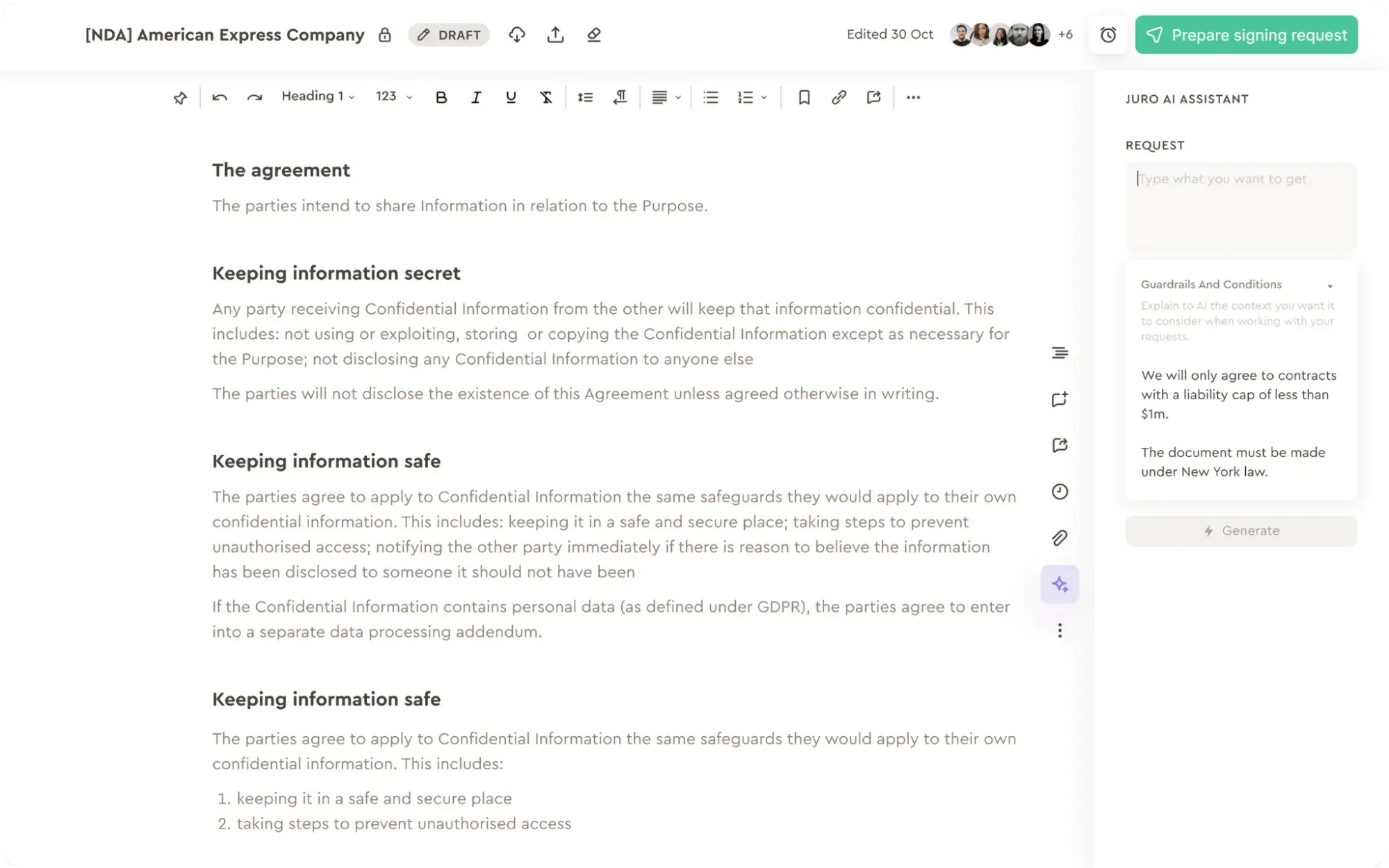 screenshot of juro's ai assistant identifying key legal risks in a document, highlighting text, and listing identified risks.