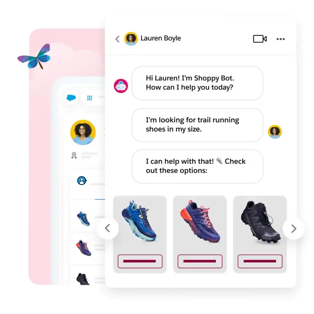 salesforce einstein ai chatbot offering live chat support and product recommendations.