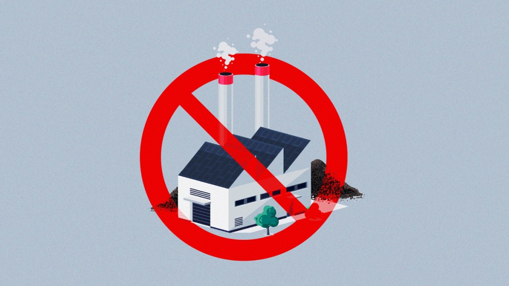 a factory with two chimneys spewing smoke with a no symbol on them