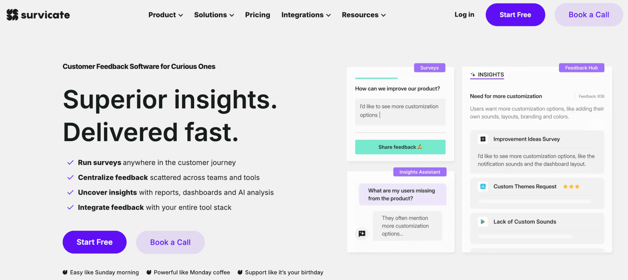 Survicate webpage showcasing customer feedback software, featuring survey tools and insights cards with options to start free or book a call.