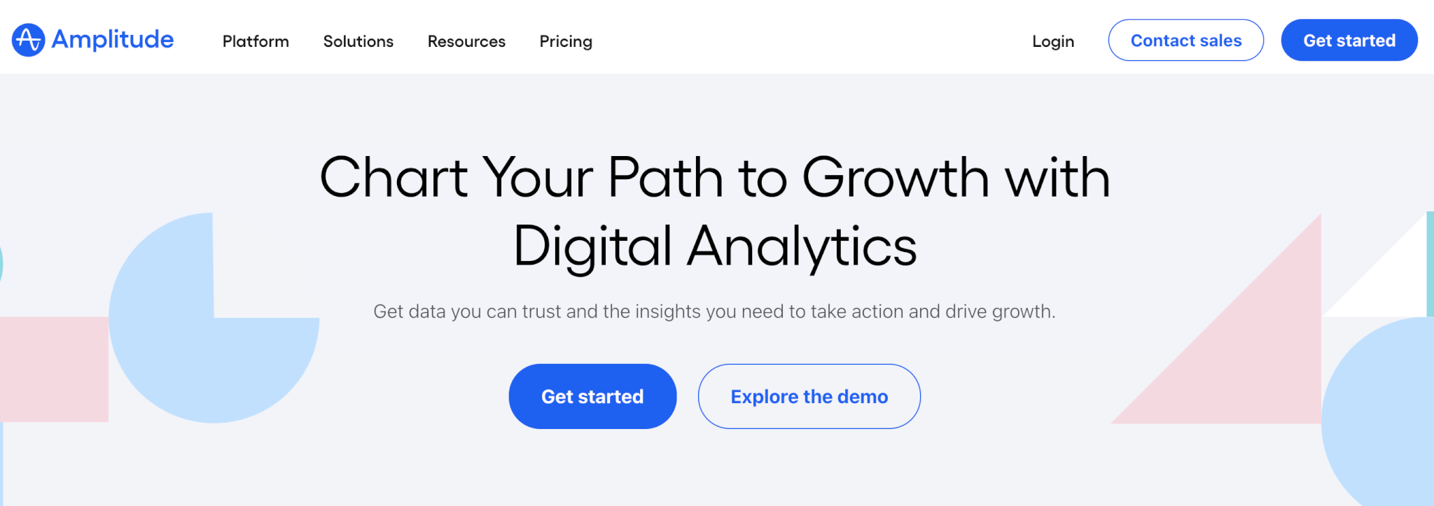 Amplitude webpage highlighting digital analytics tools with options to get started or explore a demo