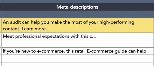 meta descriptions section in a content audit template, content audit