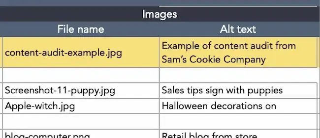 images section in a content audit template, content audit