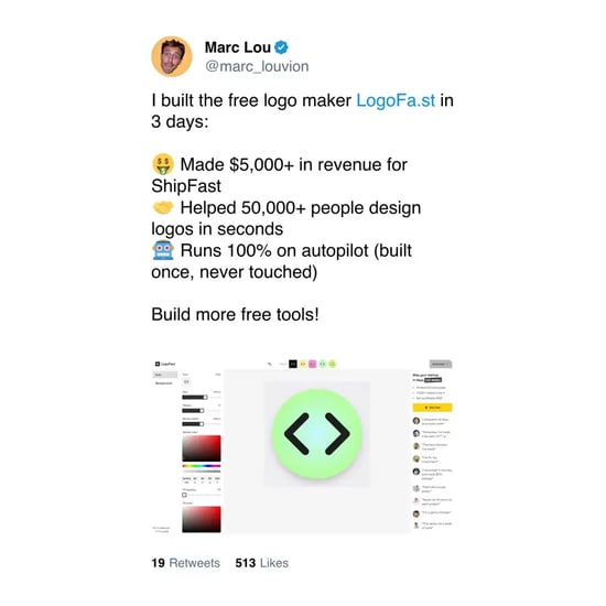 free tool marketing example, tweet announcing Marc Lou's free logo maker