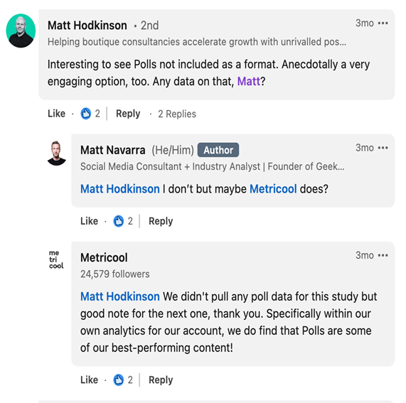 Social media comments about the lack of surveys as an option in search. Matt Navarra responded and tagged Metricool, who then thanked the commenter for the suggestion and noted that he might add it in the next survey.