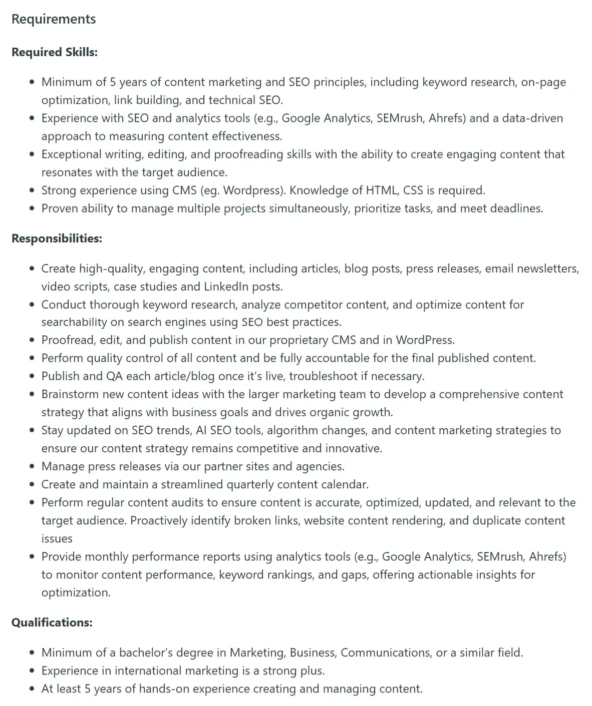 content and seo manager, content manager job description