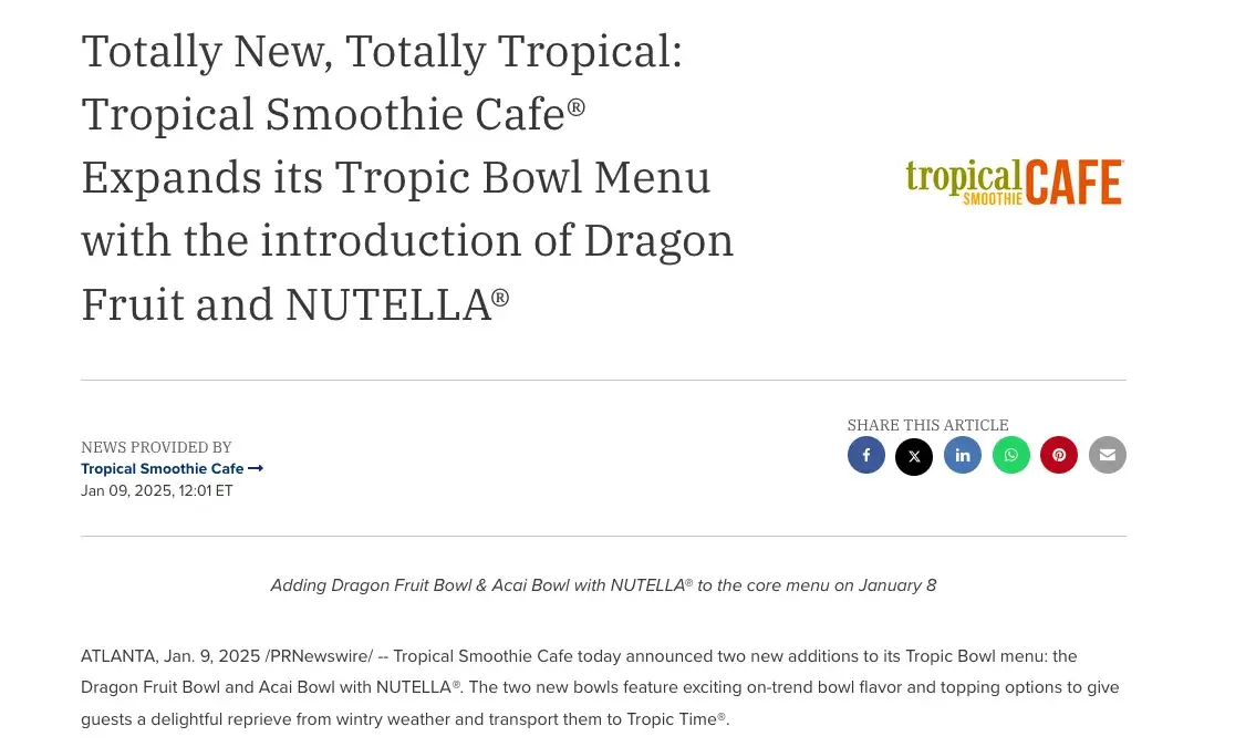 press release example from tropical smoothie cafe