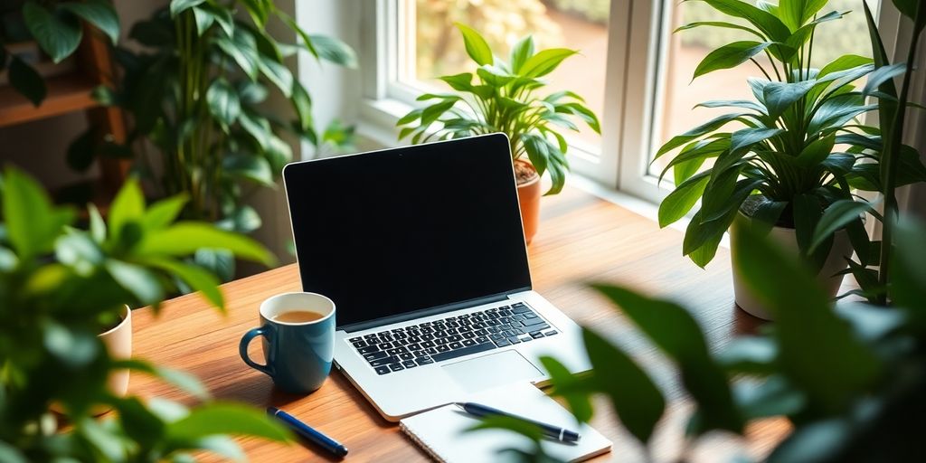 Cozy blogging workspace with laptop and coffee.