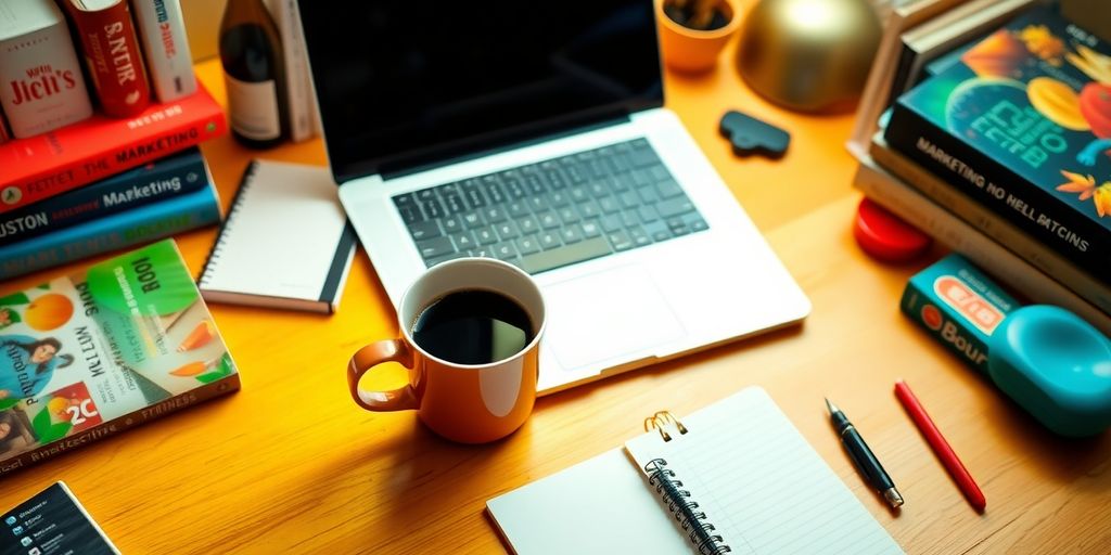 A cozy workspace with a laptop and coffee.