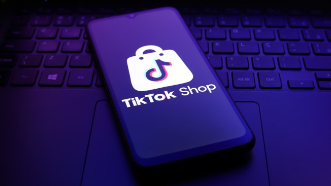 The TikTok Shop logo appears on a smartphone screen.