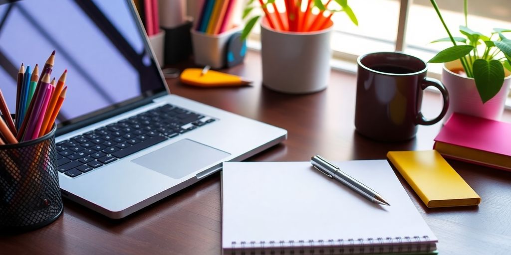 Bright workspace with laptop, notepad, and coffee cup.