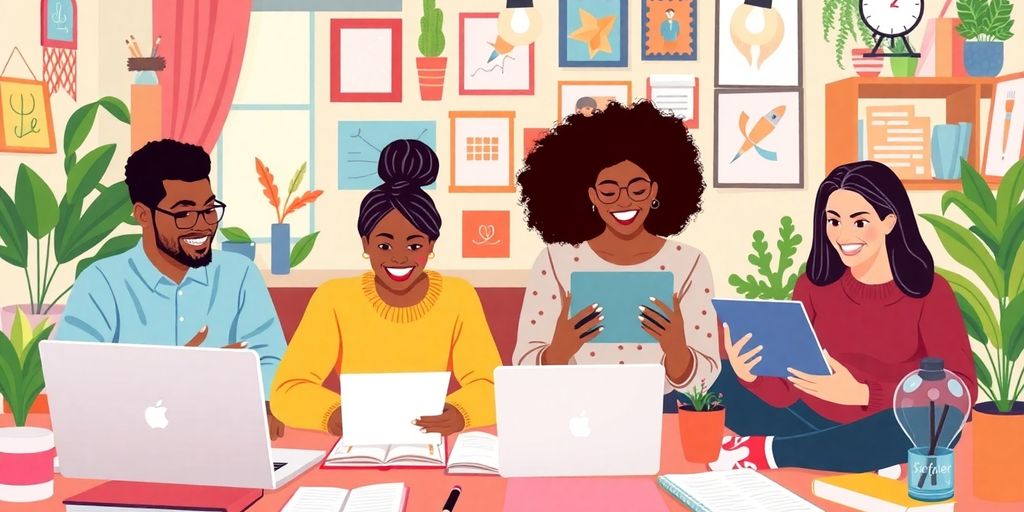 Flat art of bloggers creating content in a cozy workspace.