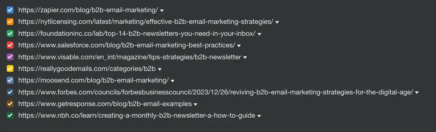 screencap of ahrefs’ list of urls that rank for “b2b newsletter marketing.”