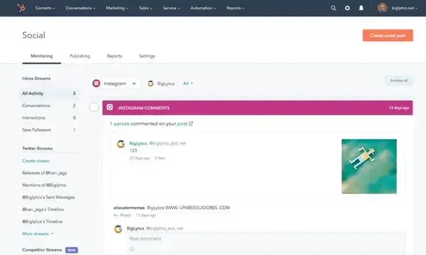 screenshot showing the social inbox tool in hubspot