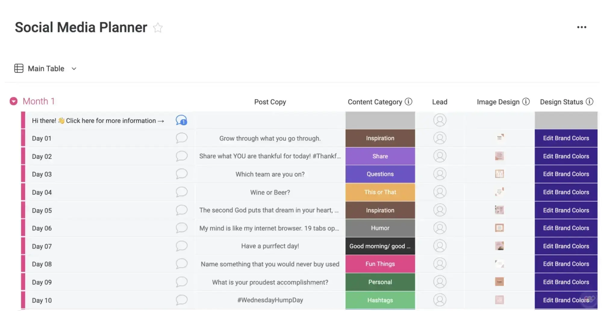 screenshot showing monday's social media calendar template, a color-coded project board to be used within the toolimage source