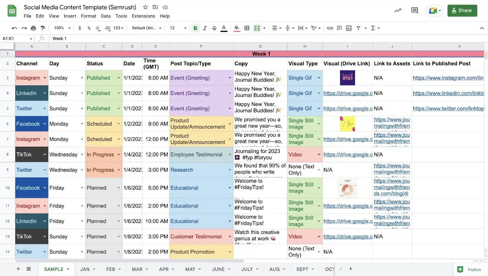 screenshot showing semrush's social media calendar template, a color-coded spreadsheet with columns for all crucial informationimage source