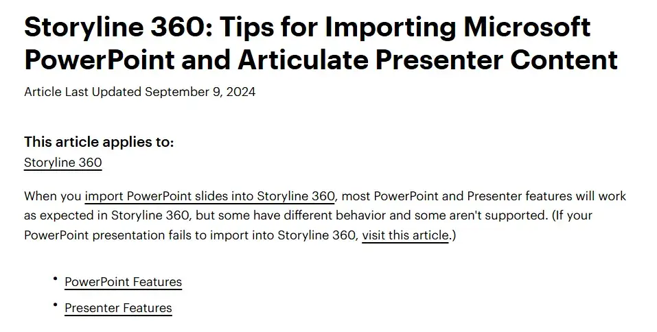 A picture of a how-to blog on Storyline's community site for importing PPT to Articulate Presenter Content.