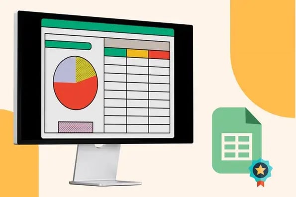 Illustration of a computer with a generic spreadsheet on the screen