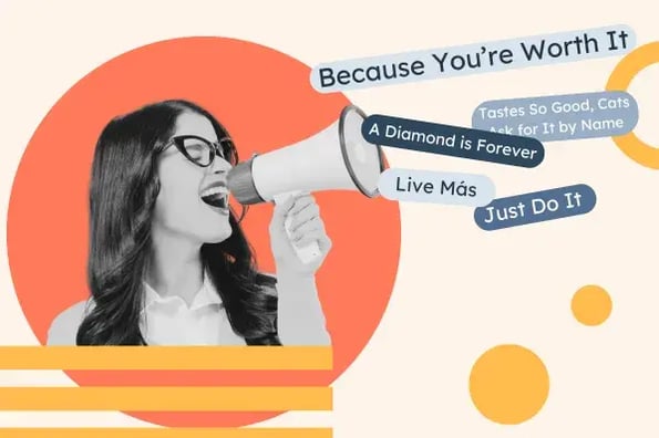 Smiling woman yells brand slogans through a megaphone