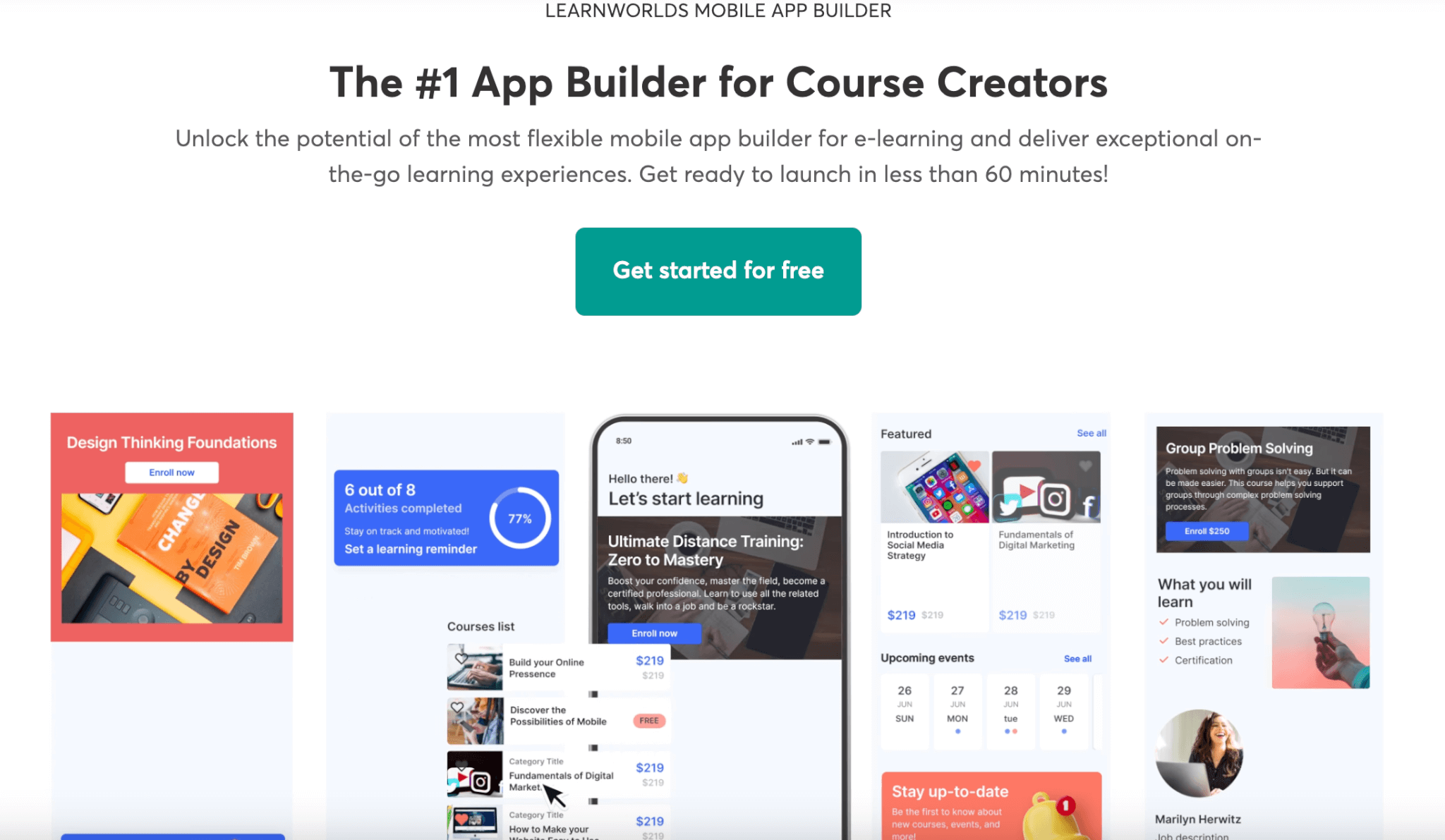 LearnWorlds Mobile App Builder webpage, promoting a customizable app for course creators with features like course lists, progress tracking, and enrollment options