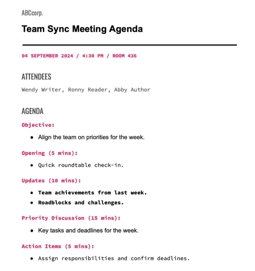 meeting agenda examples, team sync meeting agenda example