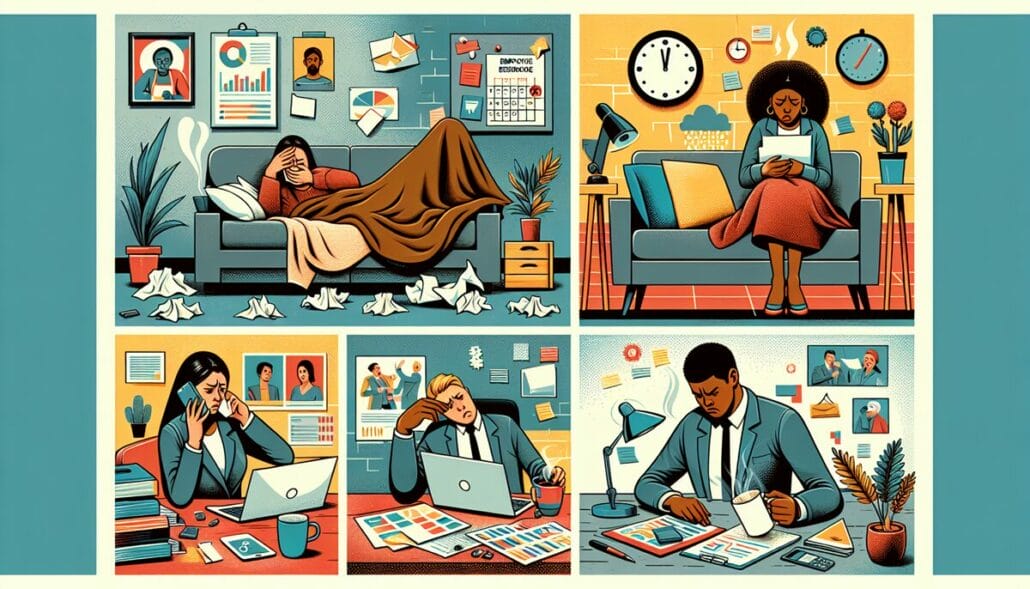 An illustration depicting various reasons for employee absenteeism, highlighting health issues and personal matters.