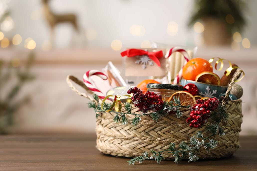 A holiday gift basket filled with indulgent gifts for relaxation.