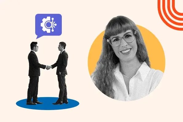 Diversity and inclusion in technology graphic with two employees shaking hands and an image of technology creator Thaisa Fernandes