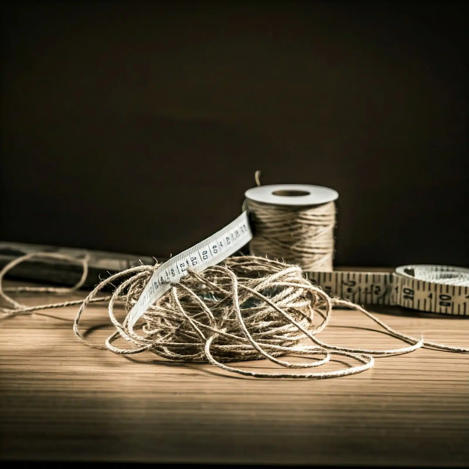 original image created using Gemini. It depicts a bundle of string and a roll of string with two measuring tapes positioned around and on the string.