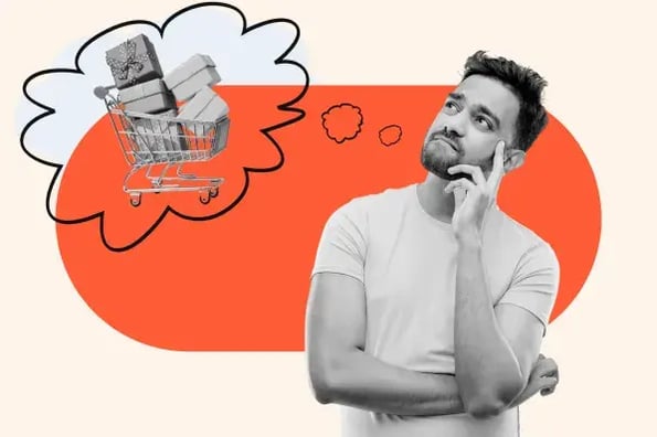 Man with a thought bubble and image of a shopping cart filled with gifts.