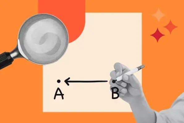 content audit on the HubSpot Blog represented by a magnifying glass and a hand drawing from point B to point A