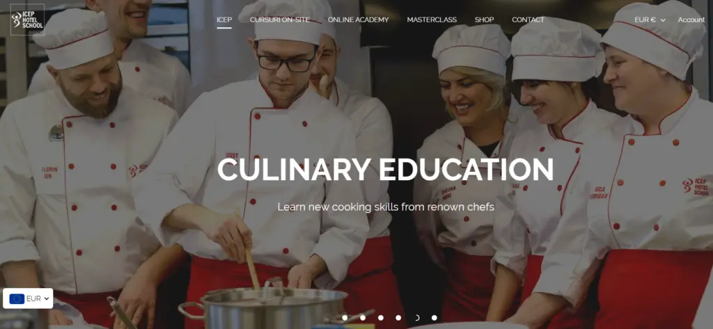 A screenshot of ICEP Hotel School showing a group of cooks with white and red colored uniforms.