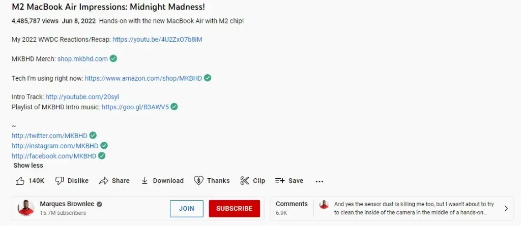 MKBHD YouTube channel video description screenshot
