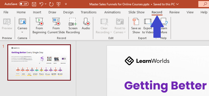 Selecting the recording tab in Microsoft PowerPoint.