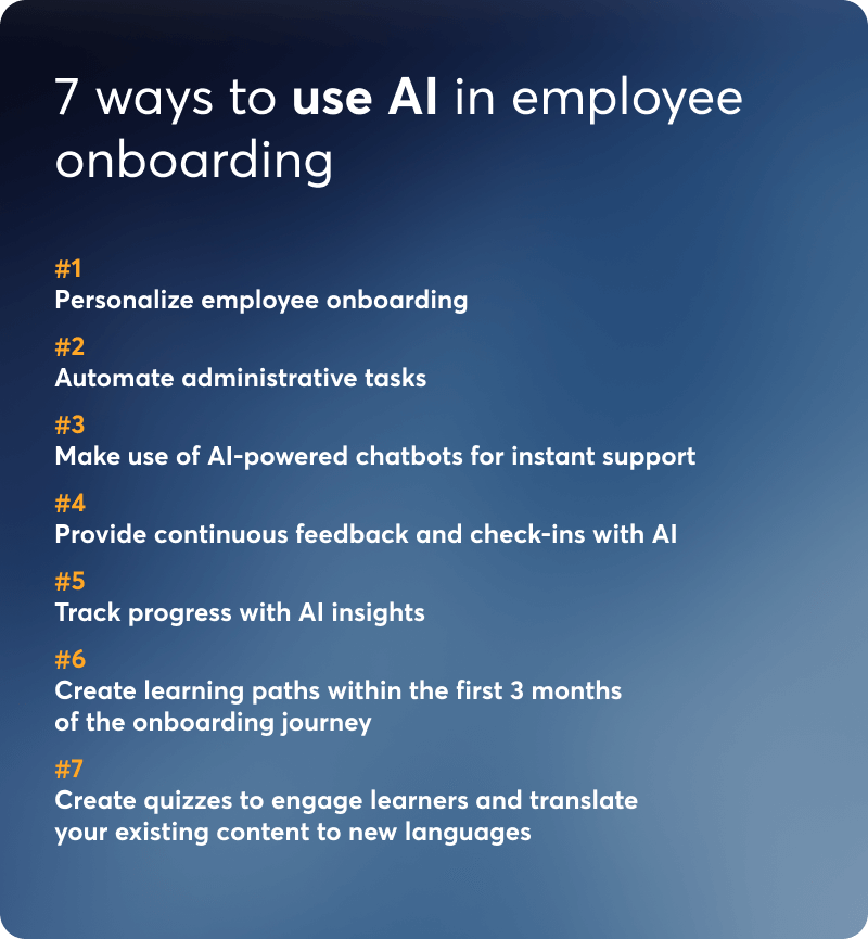 A screenshot showing the 7 ways to use AI in employee onboarding.