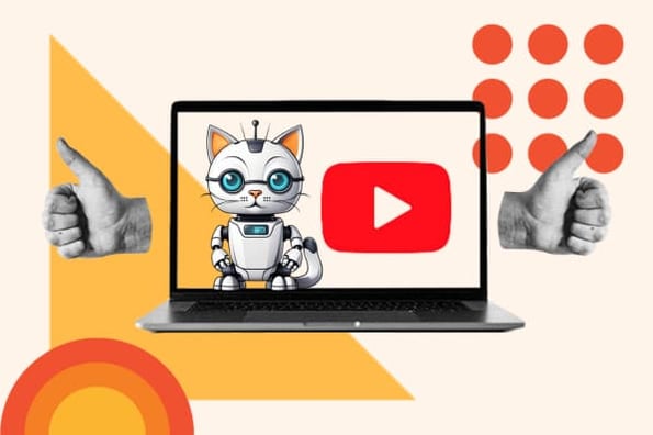 Laptop displays YouTube logo with AI-generated image of a cat 